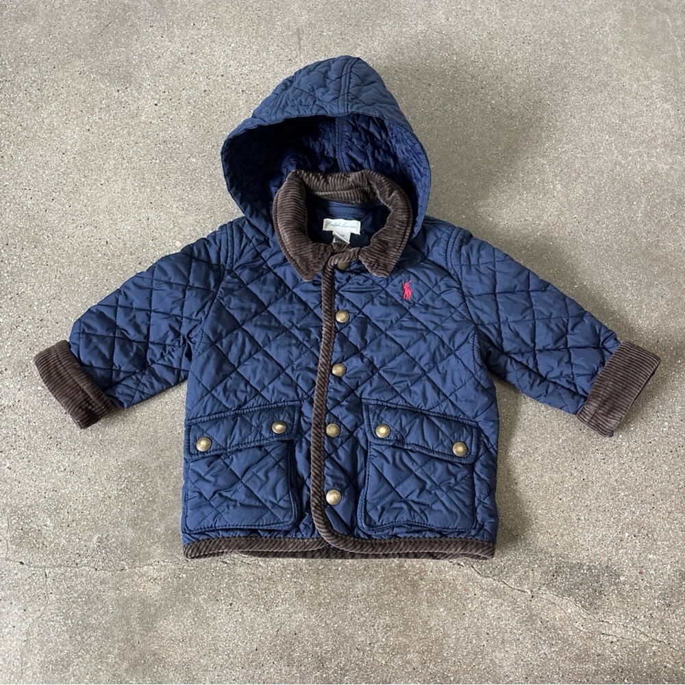 Ralph Lauren Navy Quilted Hooded Puffer Coat with Brown Trim